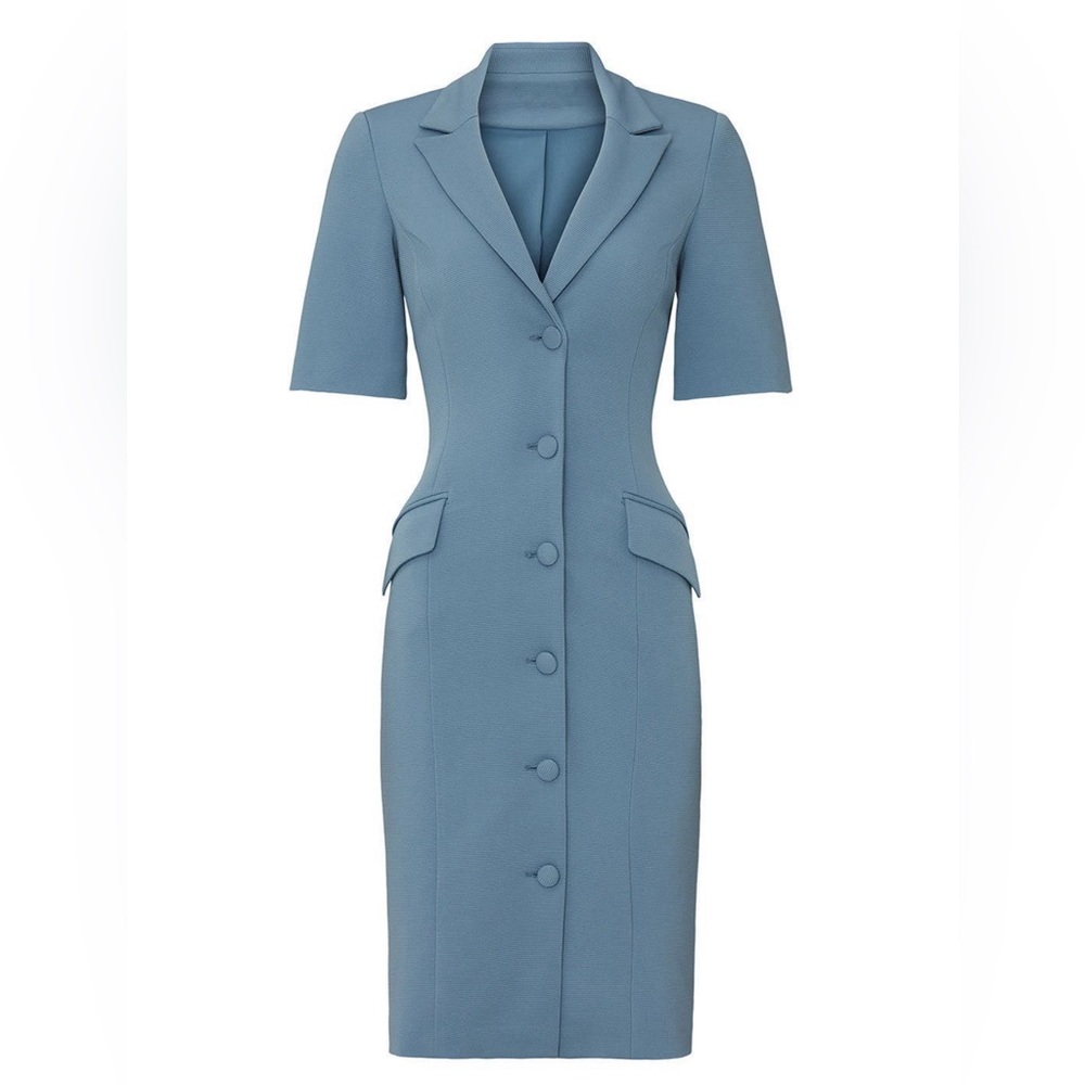 Blue blazer dress - Blue crepe. V-neckline. Front button closure. Fully lined.